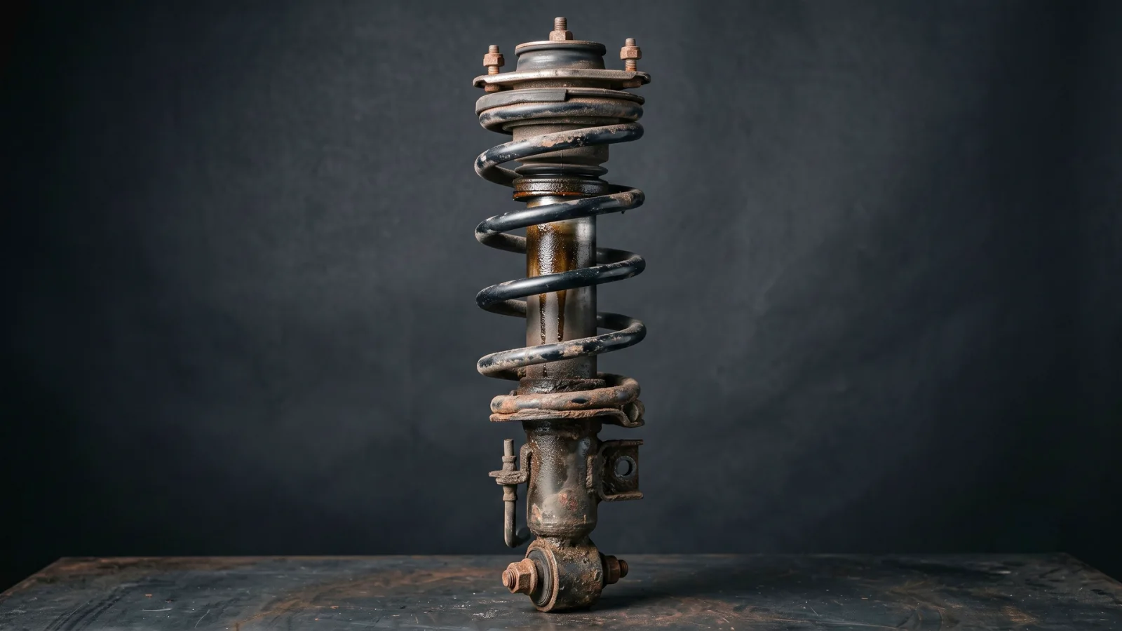 Bad shocks and struts symptoms visible on a leaking strut assembly with a worn coil spring