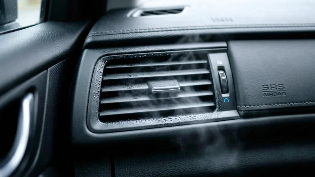 Car AC not blowing cold air illustrated by a dashboard air vent with condensation forming around it