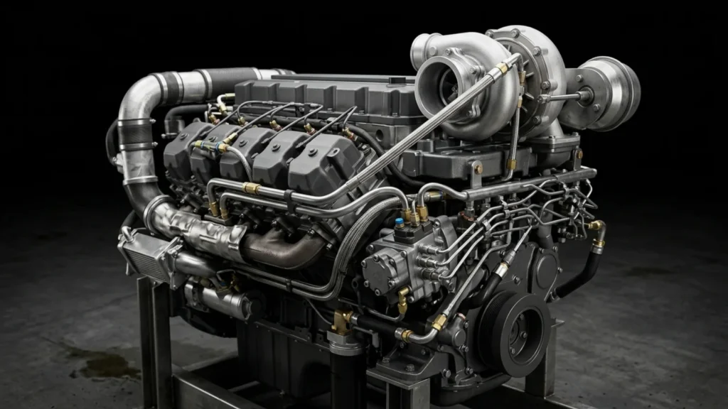 Diesel truck maintenance schedule illustrated by a diesel engine with turbocharger and high-pressure fuel lines