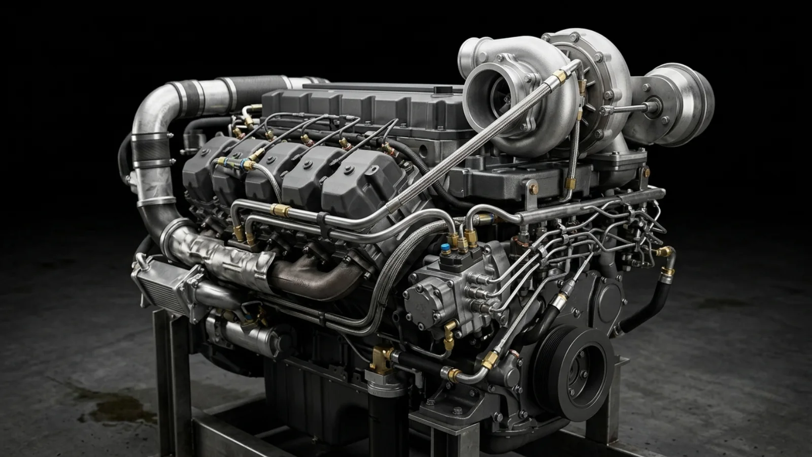 Diesel truck maintenance schedule illustrated by a diesel engine with turbocharger and high-pressure fuel lines