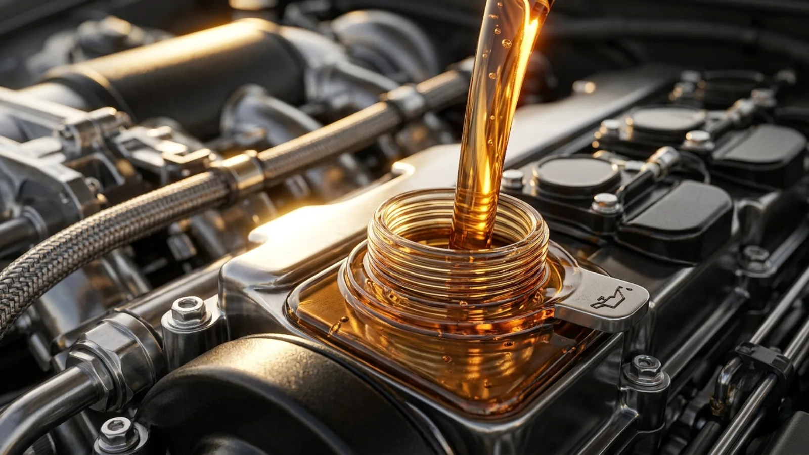 How often to change your oil illustrated by fresh amber engine oil being poured into an engine