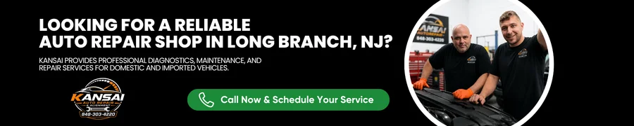 Kansai Auto Repair Shop banner in Long Branch NJ featuring two professional mechanics working on a car and a call to schedule service.