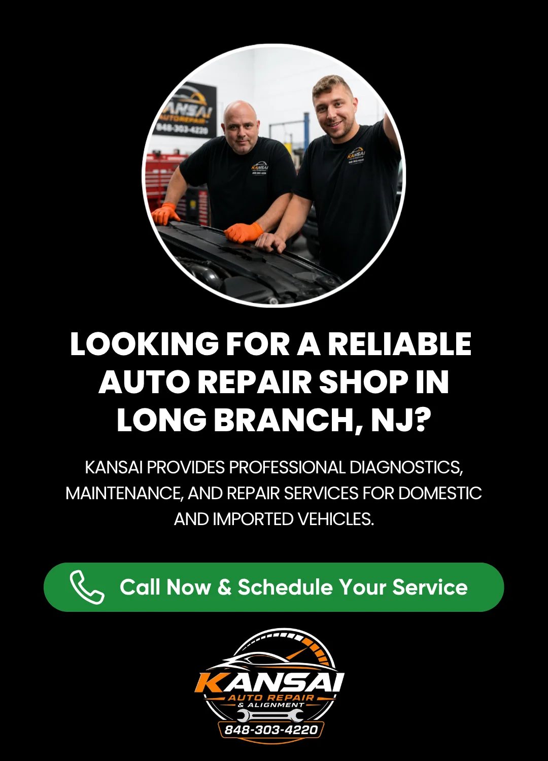 Kansai Auto Repair Shop banner in Long Branch NJ featuring two professional mechanics working on a car and a call to schedule service.