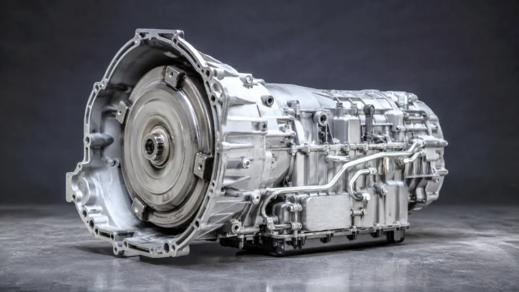 Signs of transmission problems illustrated by an automatic transmission unit with its bell housing exposed